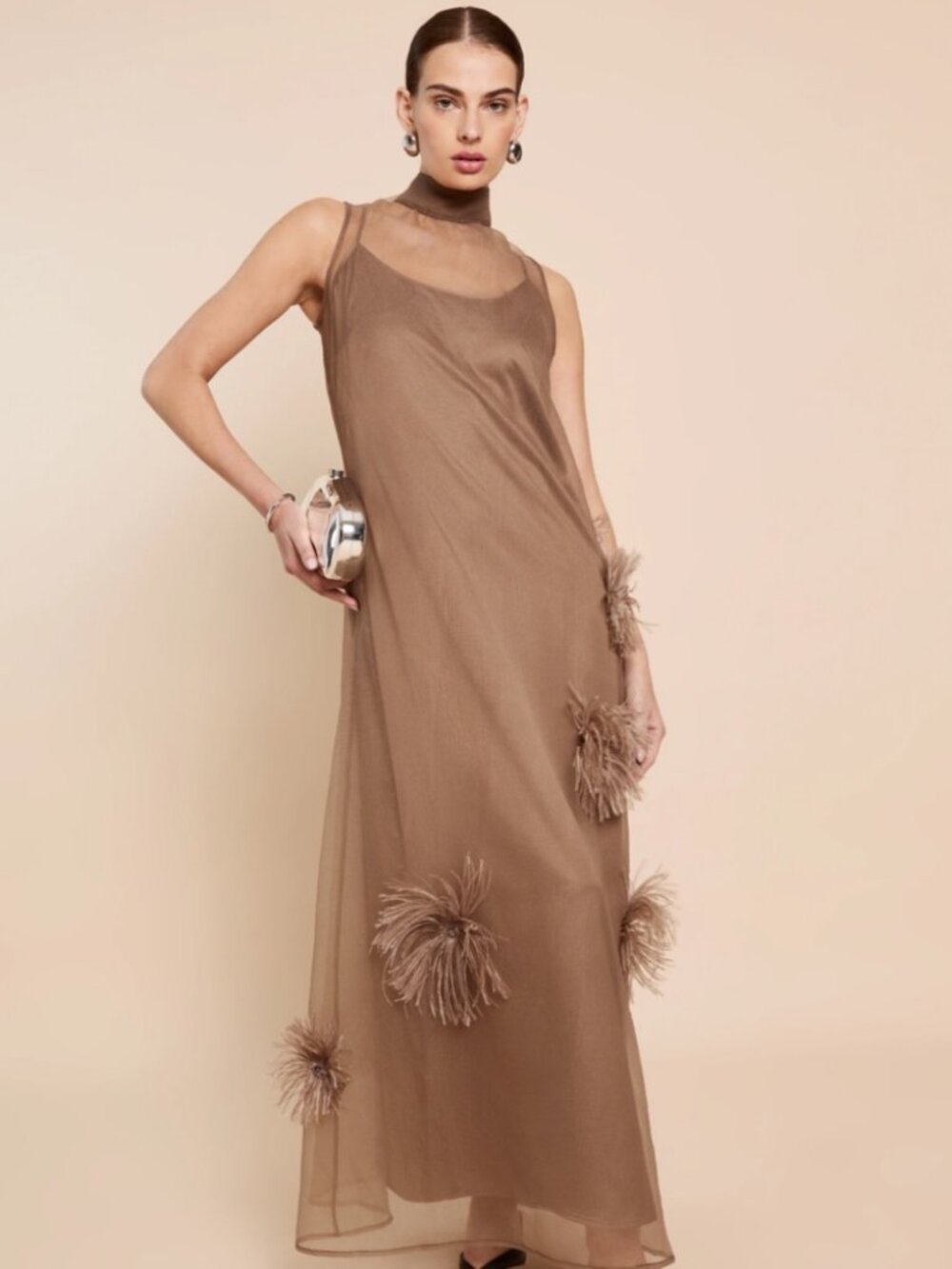 Champagne Calluna Organza Dress Feather Detail Maxi Size M